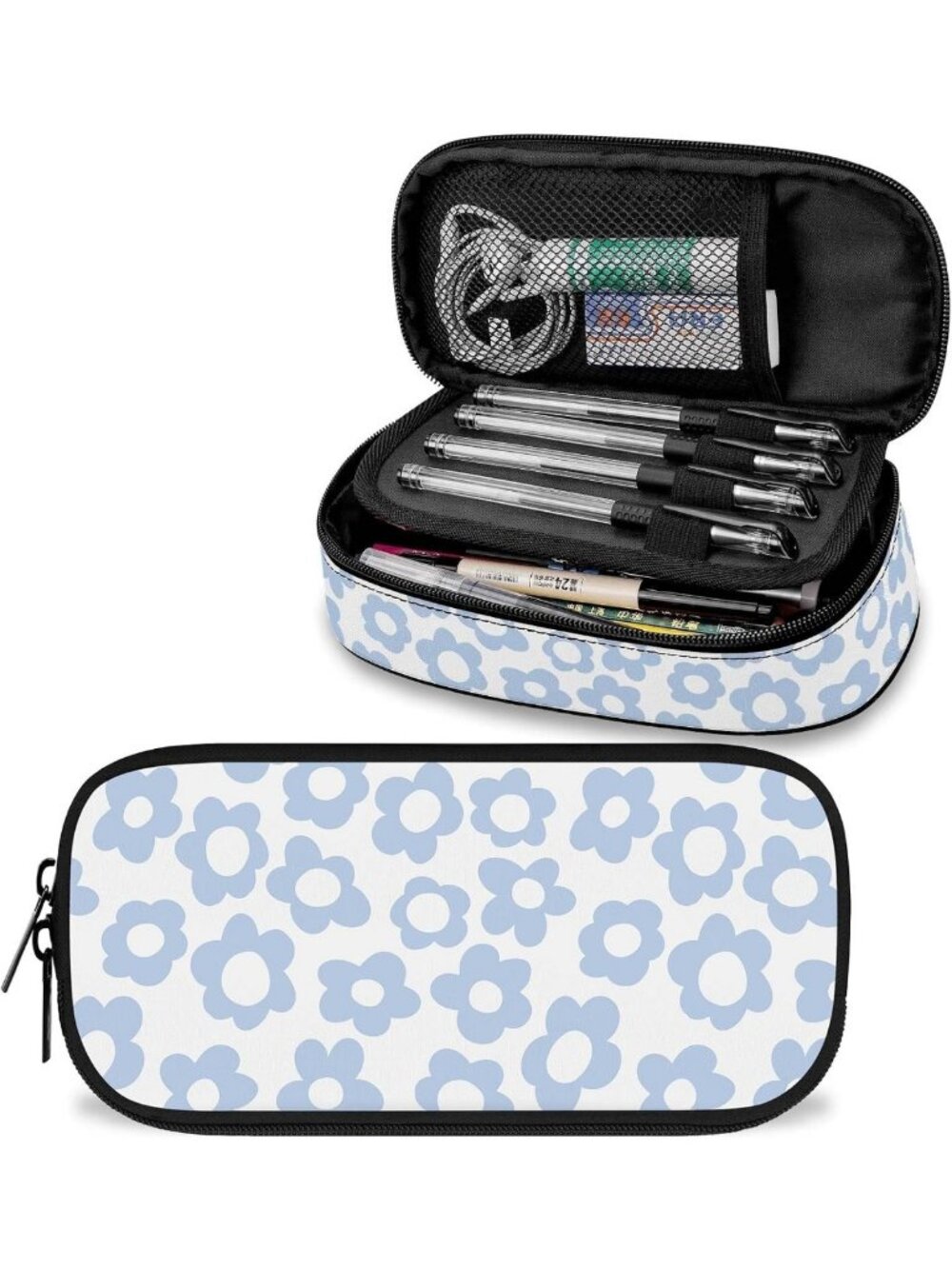 Large Blue Retro Floral Pencil Case - Cute Pouch Bag for School & Art Supplies